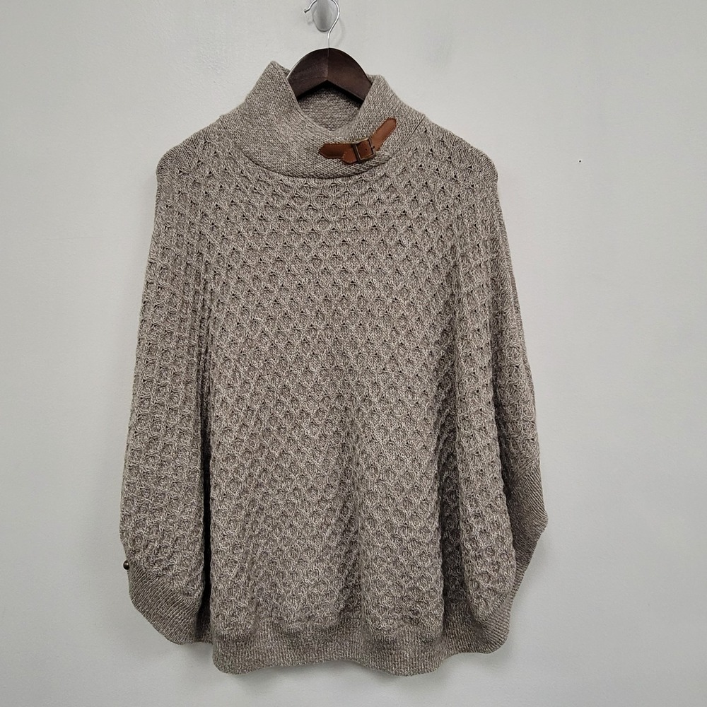 Pure Alpaca Womens Honeycomb Knit Poncho‎ Sweater Beige Equestrian Old Money